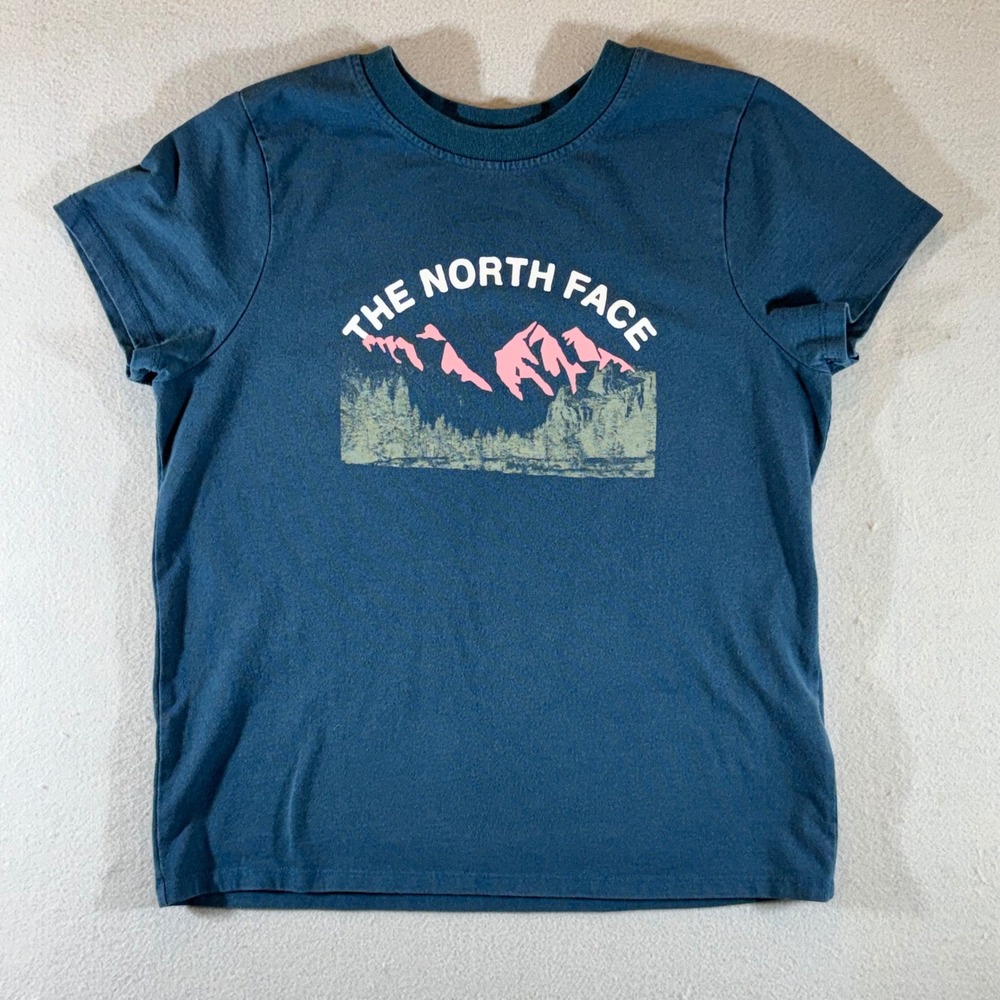 The North Face Womens Graphic T-Shirt Blue Mountain Forest Logo Crewneck Small